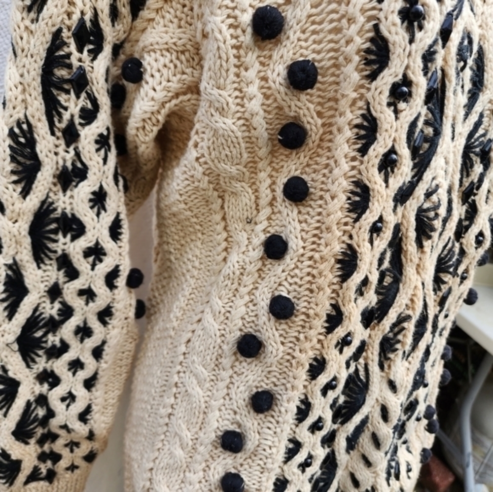 Vintage Cotton Ramie Popcorn Cable Knit Sweater Black Cream M/L - Picture 15 of 16